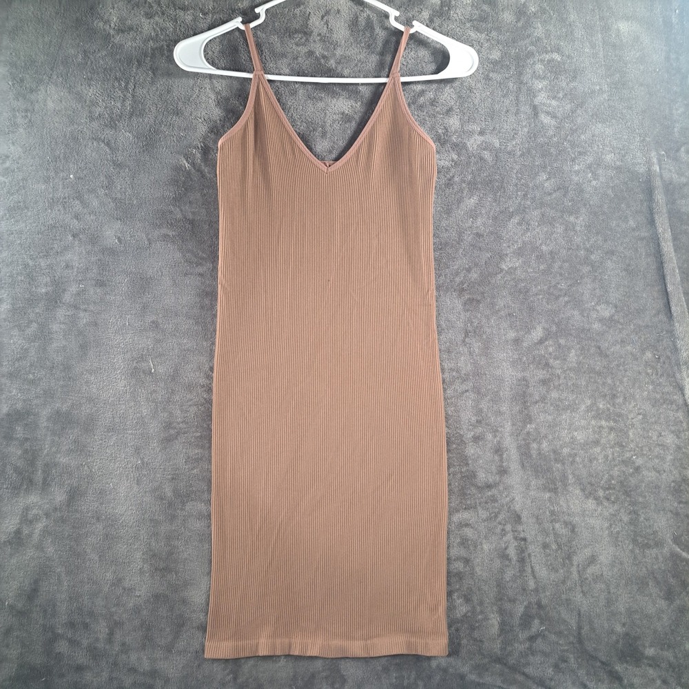 Garage Ribbed Bodycon Mini Dress Tan Brown XS V-Neck Adjustable Casual Basic